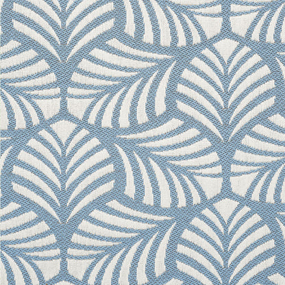 Blue palm-leaf patterned textile on cream/ivory background; tropical, woven fabric suitable for upholstery or curtains.