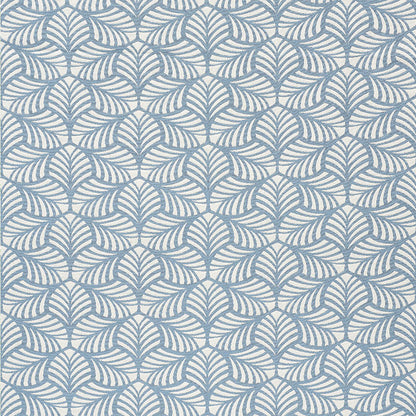 Blue leaf-patterned textile with repeating fan-shaped tropical motifs in a light background.