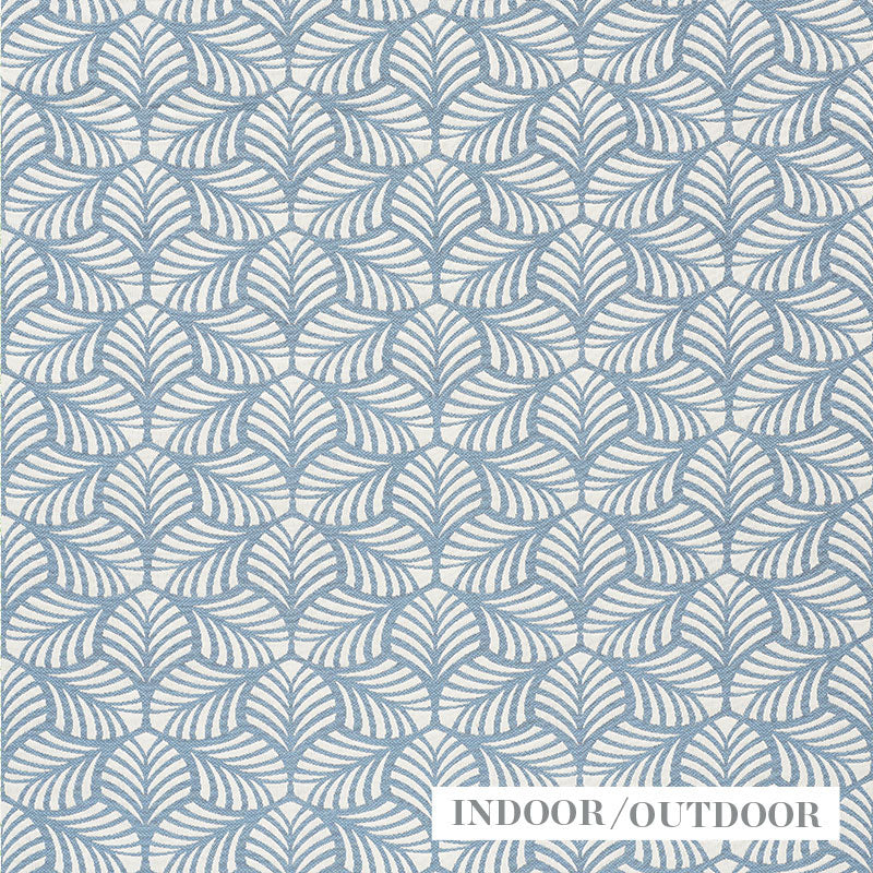 Indoor/outdoor fabric with a repeating blue palm-leaf pattern on a light beige background.