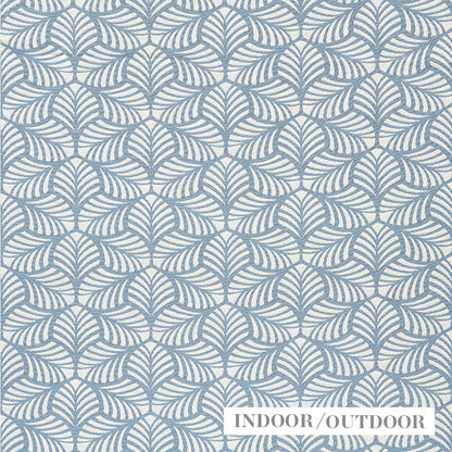 Indoor/outdoor fabric with a repeating blue palm-leaf pattern on a light beige background.