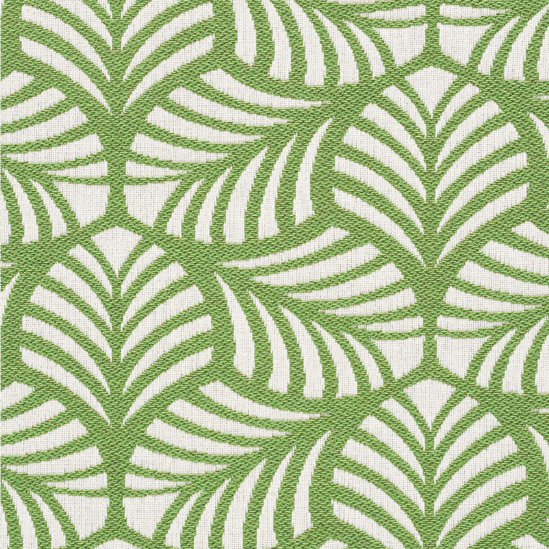 Olive-green palm leaf pattern fabric, textured weave, tropical botanical upholstery textile.