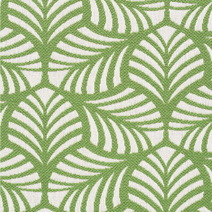 Olive-green palm leaf pattern fabric, textured weave, tropical botanical upholstery textile.