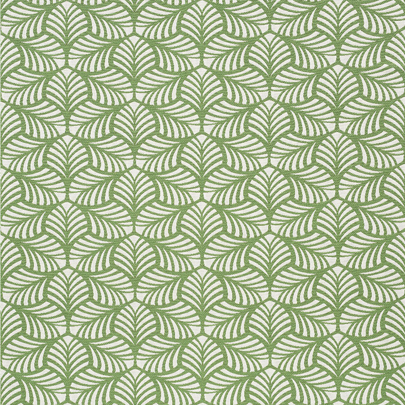 Green curved leaf motif on beige woven texture; repeating fan-shaped patterns for fabric