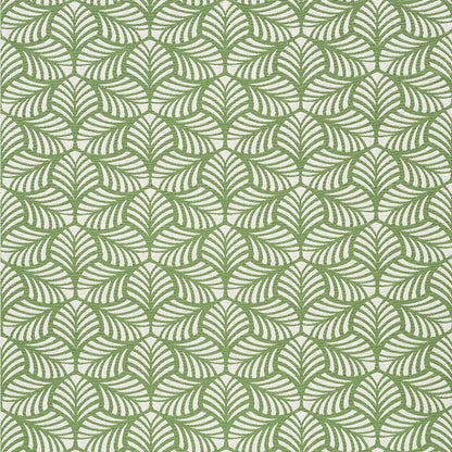Green curved leaf motif on beige woven texture; repeating fan-shaped patterns for fabric