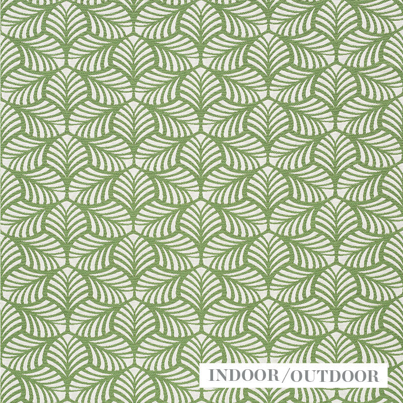 Stylized green palm-frond pattern with fan-like motifs on cream; repeats for indoor/outdoor wallpaper or fabric.