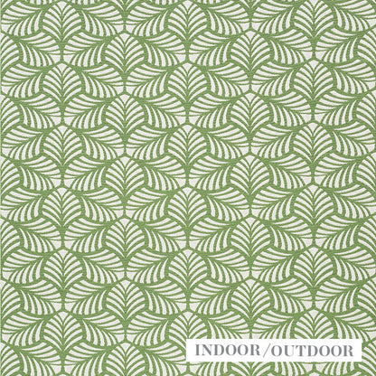 Stylized green palm-frond pattern with fan-like motifs on cream; repeats for indoor/outdoor wallpaper or fabric.