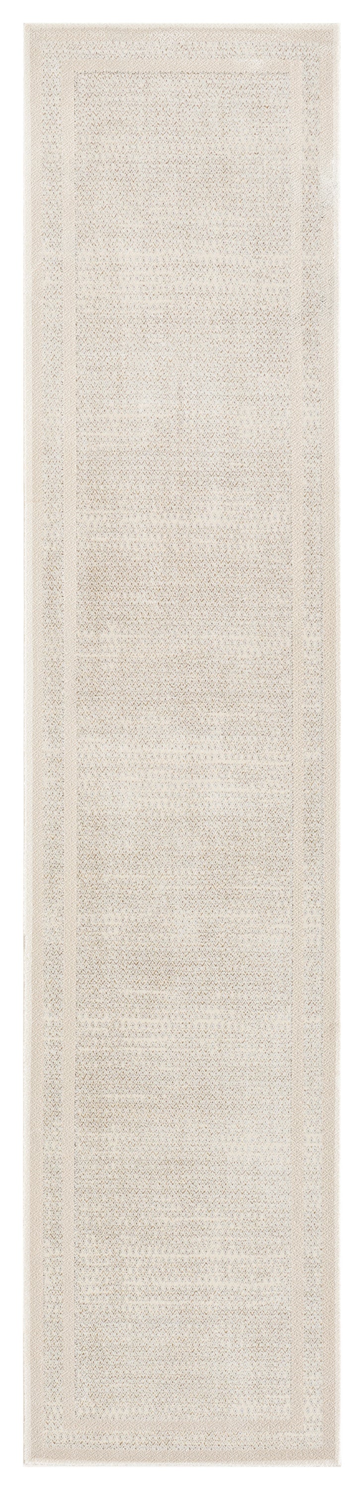 Cream beige woven runner rug with subtle texture and bordered edges.
