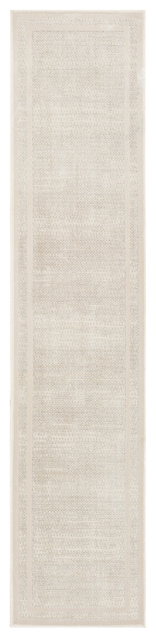 Cream beige woven runner rug with subtle texture and bordered edges.