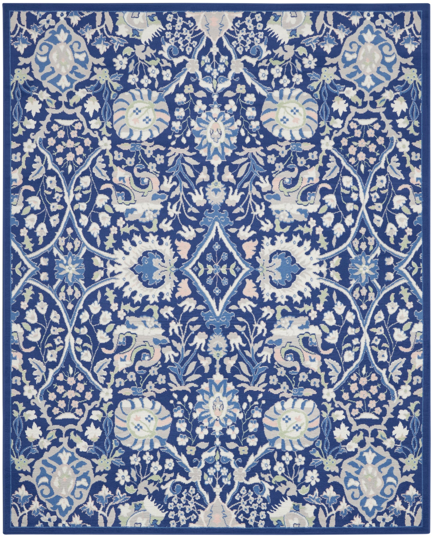 Blue and ivory damask patterned rug with floral vines and a central diamond medallion.