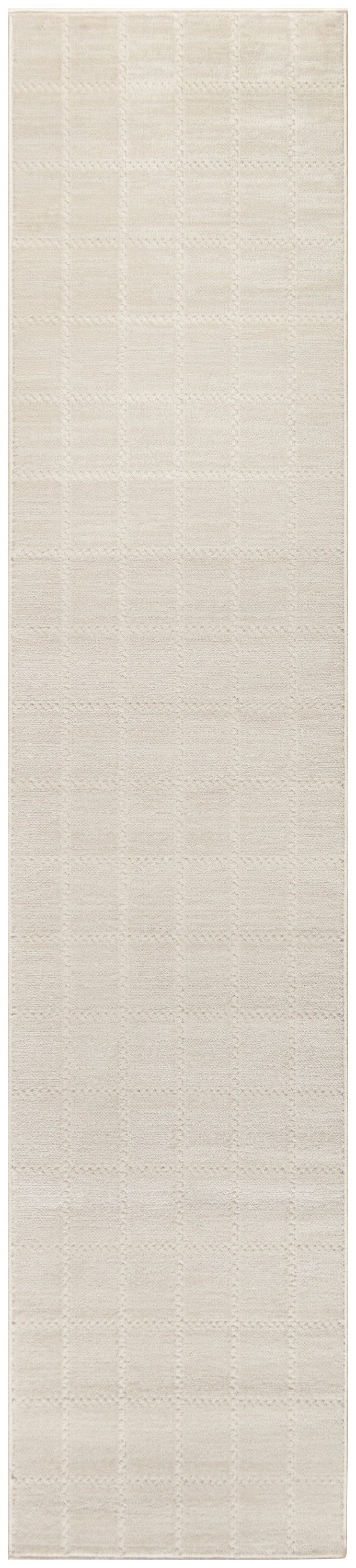 Beige textured runner rug with a subtle square grid pattern, soft woven look for neutral hallway or entryway.