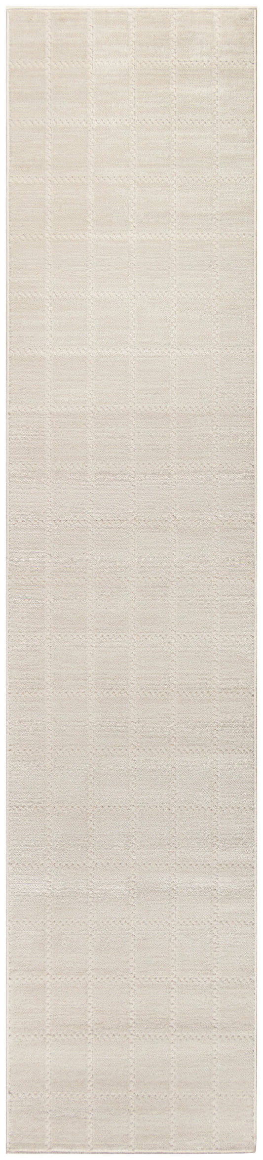 Beige textured runner rug with a subtle square grid pattern, soft woven look for neutral hallway or entryway.