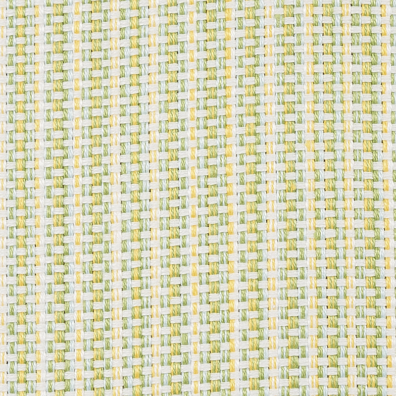 Close-up of yellow-green and white woven fabric in a basket-weave pattern, upholstery fabric.