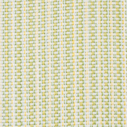 Close-up of yellow-green and white woven fabric in a basket-weave pattern, upholstery fabric.