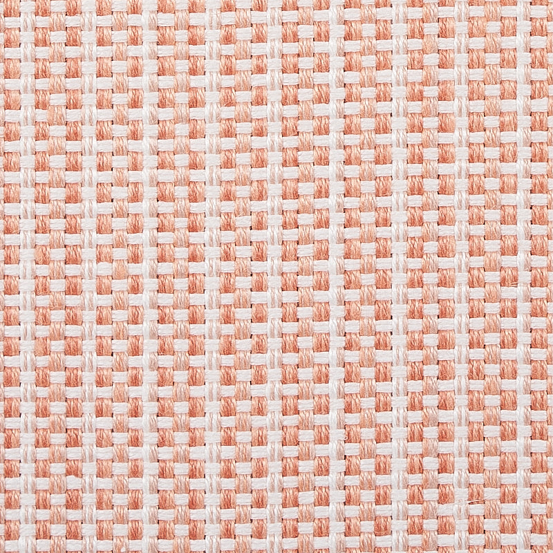 Peach and white basket-weave woven fabric, cotton blend, soft upholstery texture for cushions or throws.