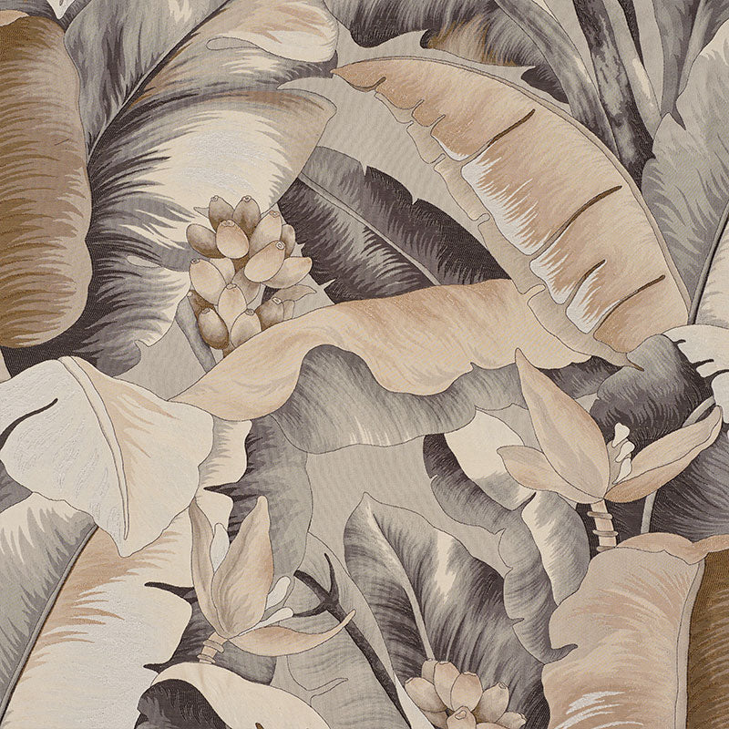 Muted beige, taupe & gray tropical leaf print with large banana leaves.