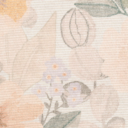 Linen-like woven fabric with pastel floral and leaf print in peach, cream and sage green.