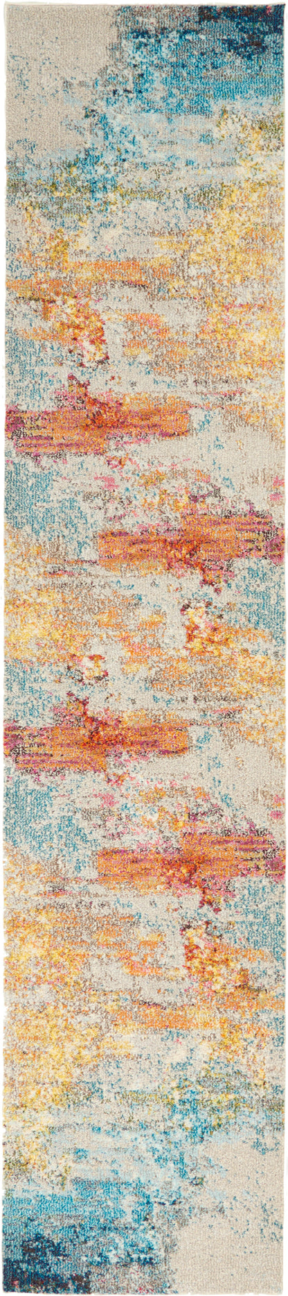Soft runner rug with an abstract watercolor print in blues, teals, yellows and oranges; 10' long.