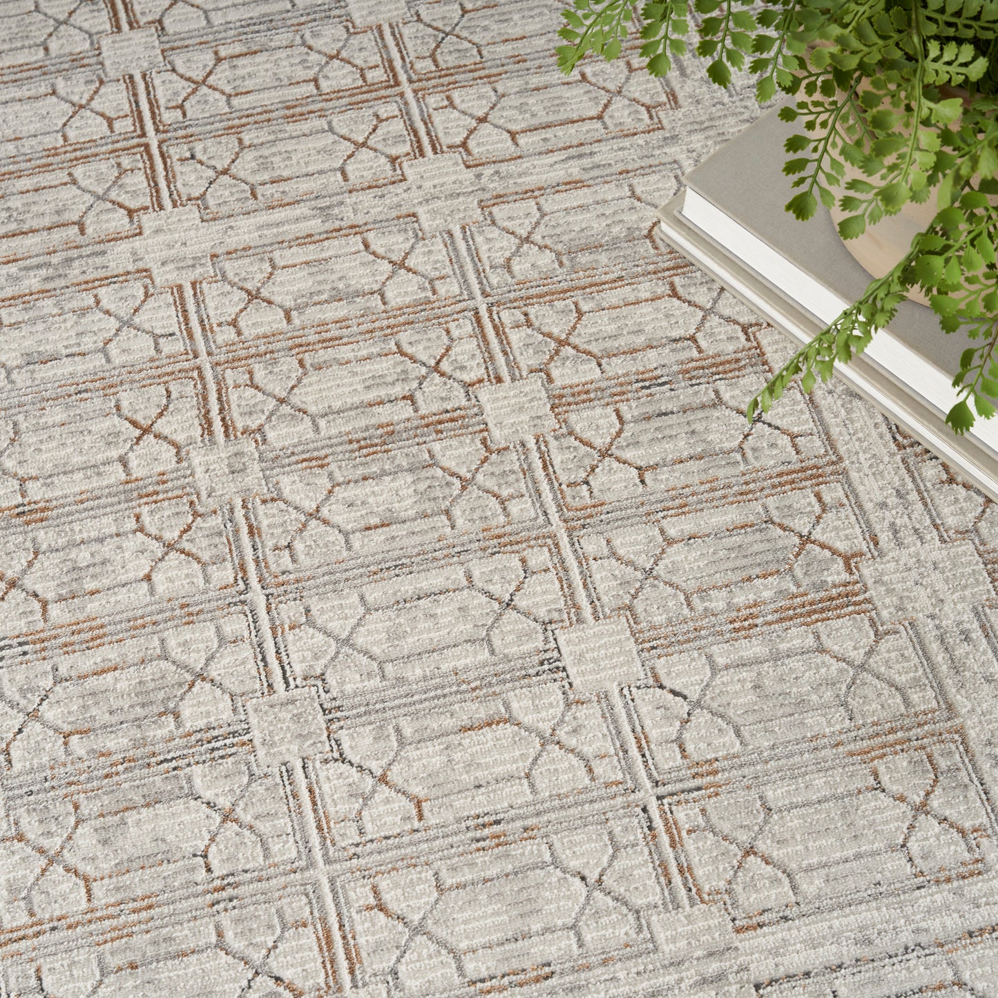 Beige and gray geometric woven rug with square and lattice motifs; top-right shows stacked books and a green fern.