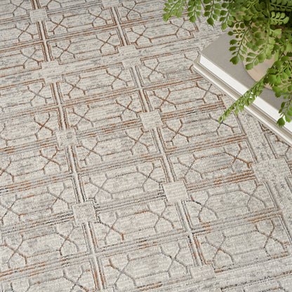 Beige and gray geometric woven rug with square and lattice motifs; top-right shows stacked books and a green fern.