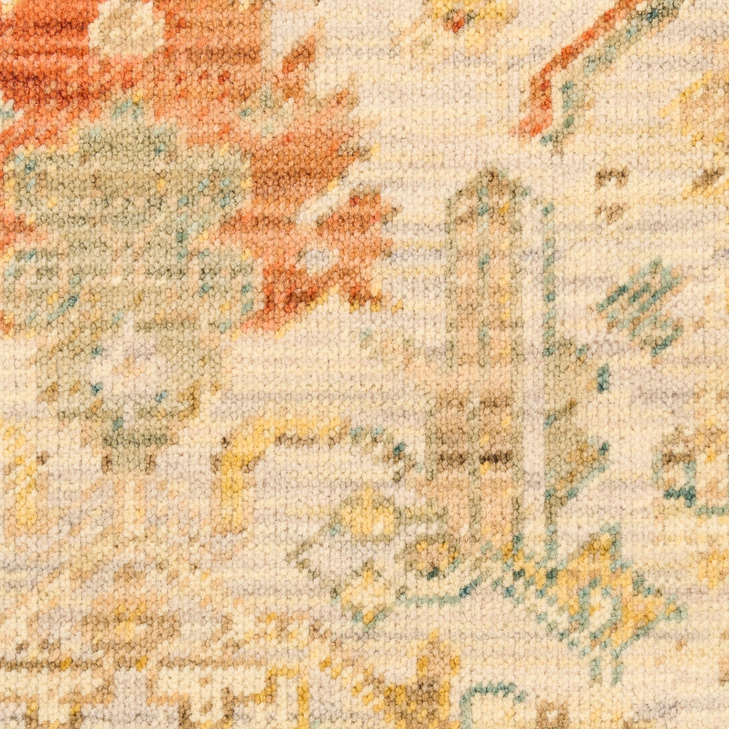 Muted cream Oriental rug with faded orange, teal & yellow florals; vintage woven pattern.