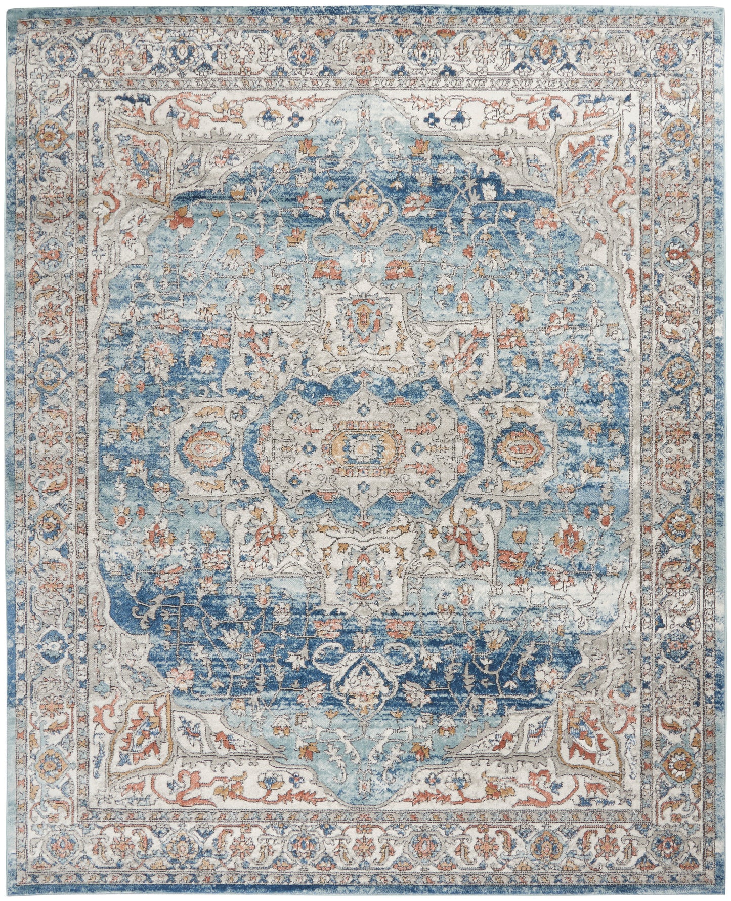 Rectangular oriental area rug in blue and ivory tones with a central medallion and ornate border.