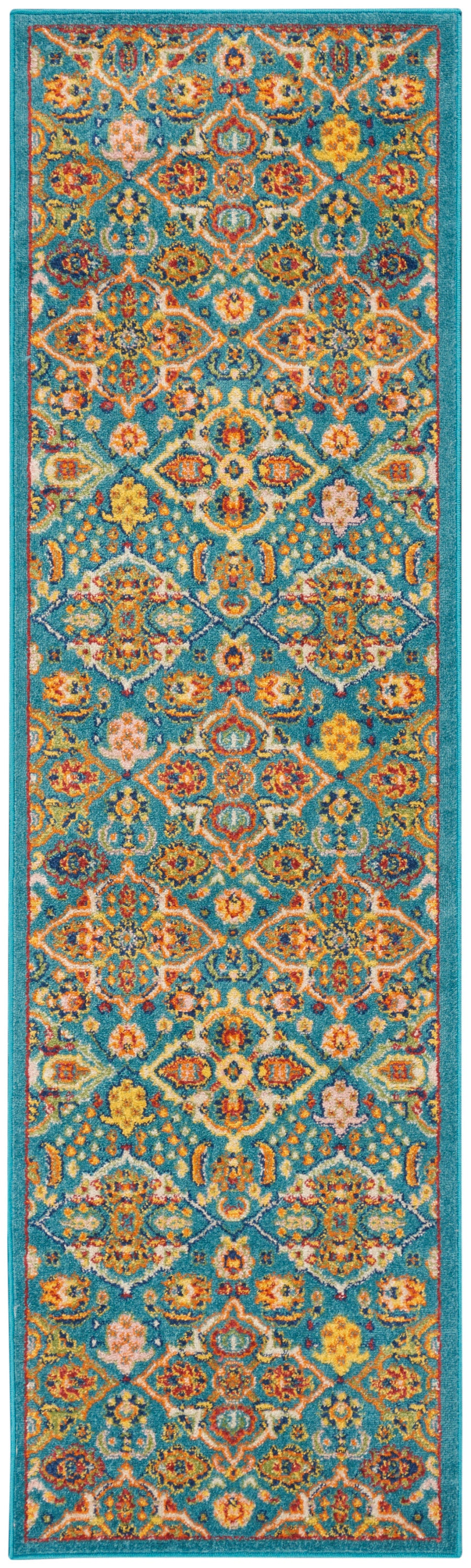 Turquoise Persian-style runner rug with vibrant orange, yellow, pink floral medallions and teal border.