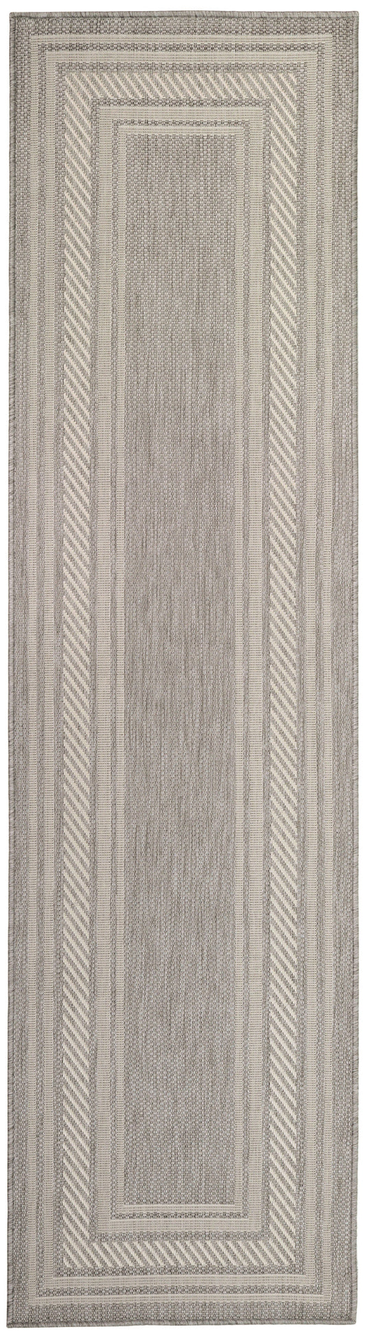 Neutral beige woven runner rug with concentric rectangular borders and diagonal stripe accents; textured hall runner.