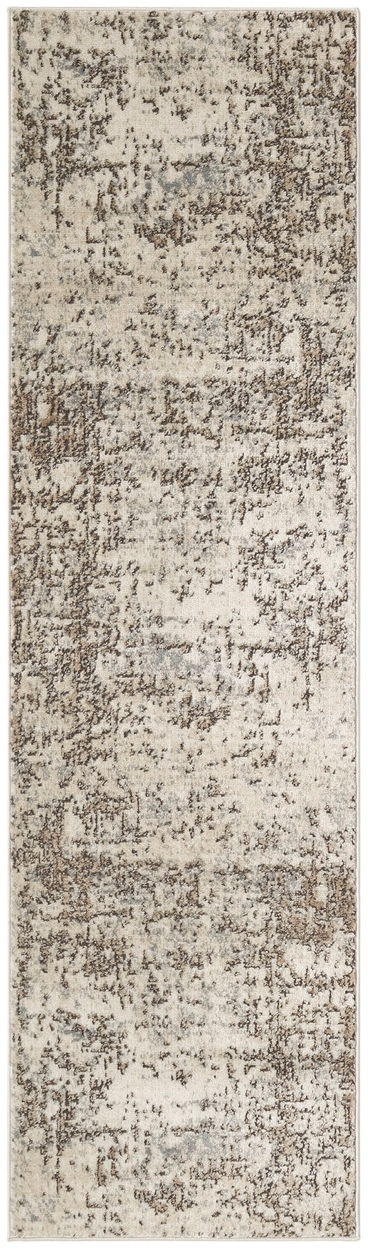 Distressed beige and taupe long runner rug with a faded vintage medallion pattern.