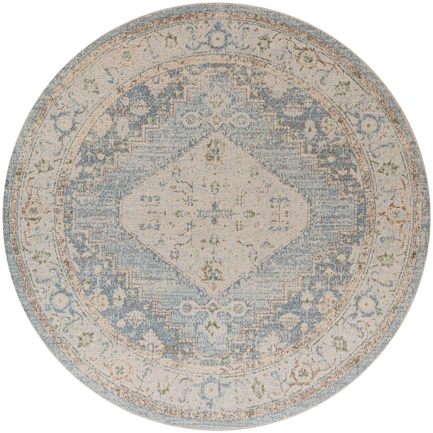Round vintage-style rug in pale blue, ivory and beige with a central diamond medallion and ornate border.