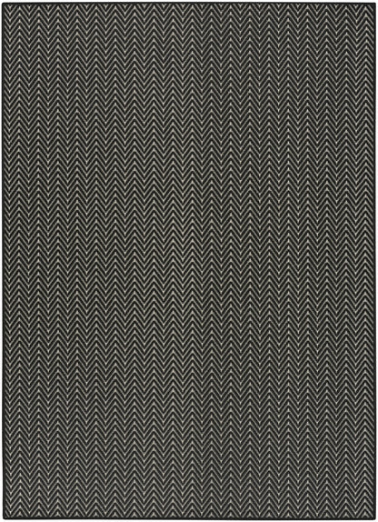 Rectangular rug in charcoal black with cream chevron zigzag pattern; modern geometric woven floor covering.