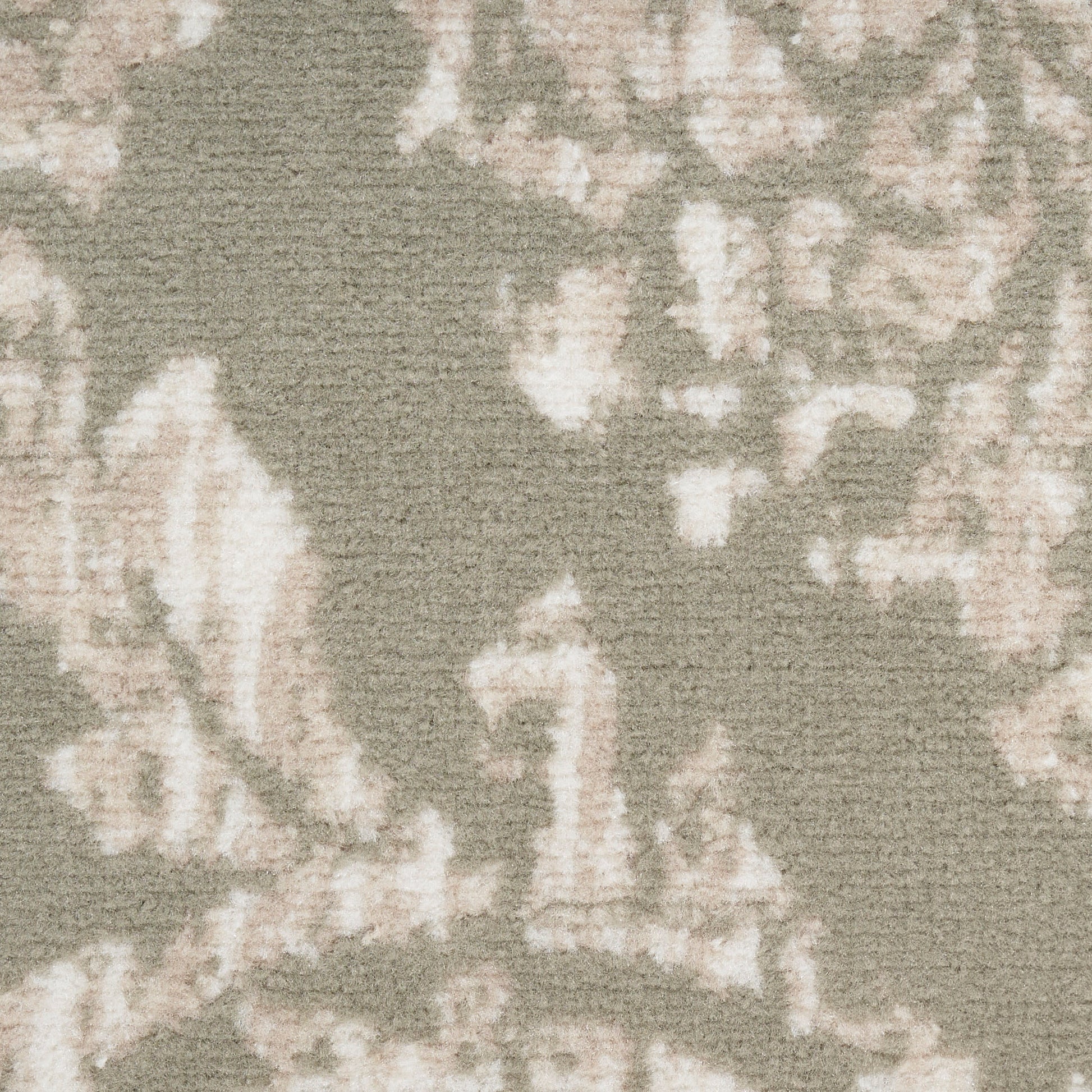 Taupe area rug with cream floral damask pattern and soft textured pile.