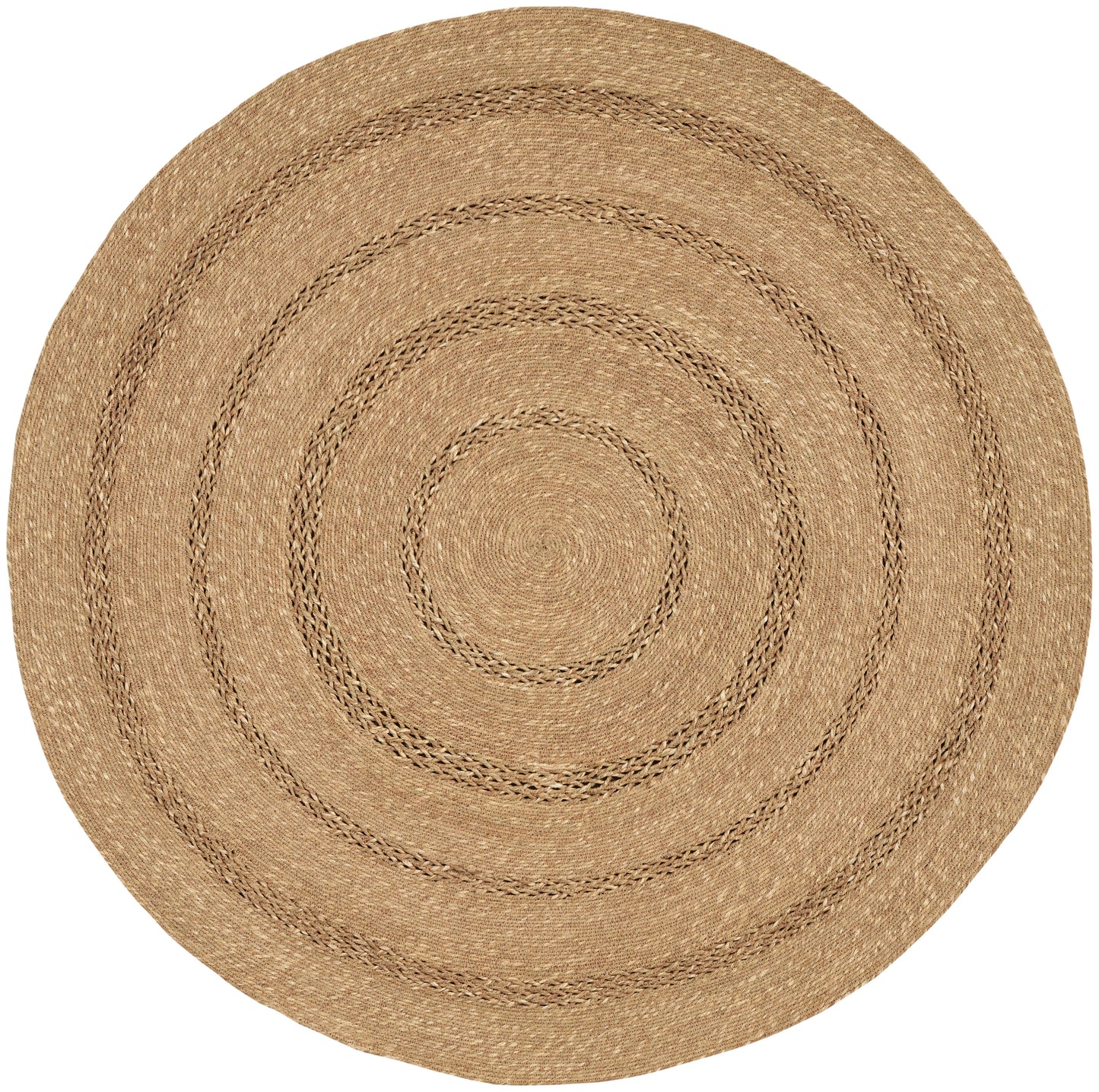 Natural beige round jute rug with braided concentric rings; rustic coastal boho style.