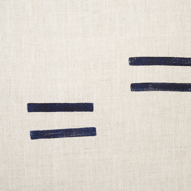 Cream linen fabric with navy blue horizontal strokes: two short lines left, two longer lines right, minimalist abstract.