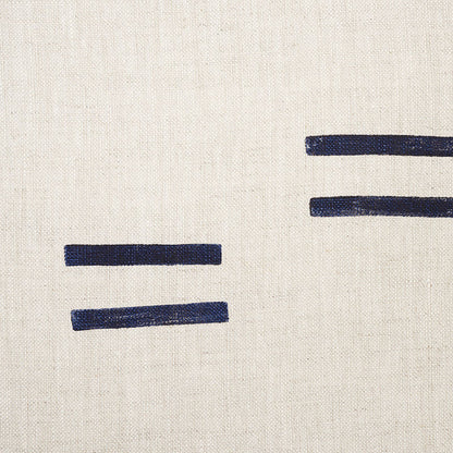 Cream linen fabric with navy blue horizontal strokes: two short lines left, two longer lines right, minimalist abstract.