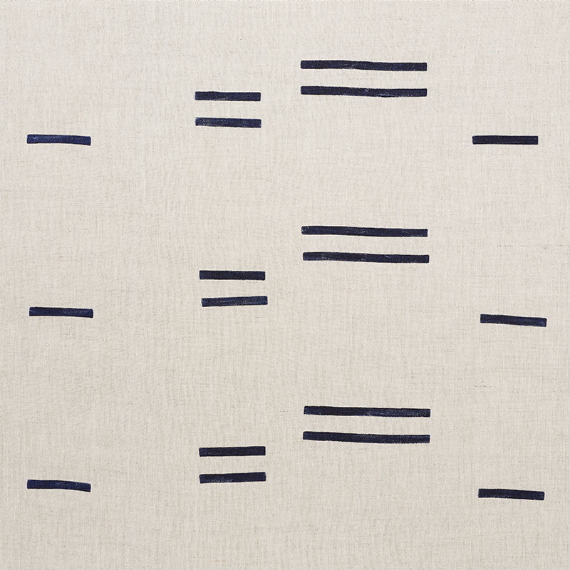 Beige linen-look fabric with scattered navy blue short dashes; minimalist abstract pattern for modern decor.