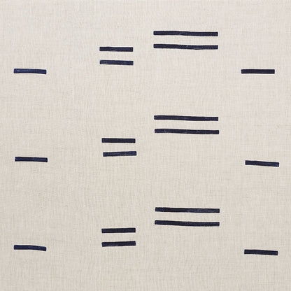 Beige linen-look fabric with scattered navy blue short dashes; minimalist abstract pattern for modern decor.