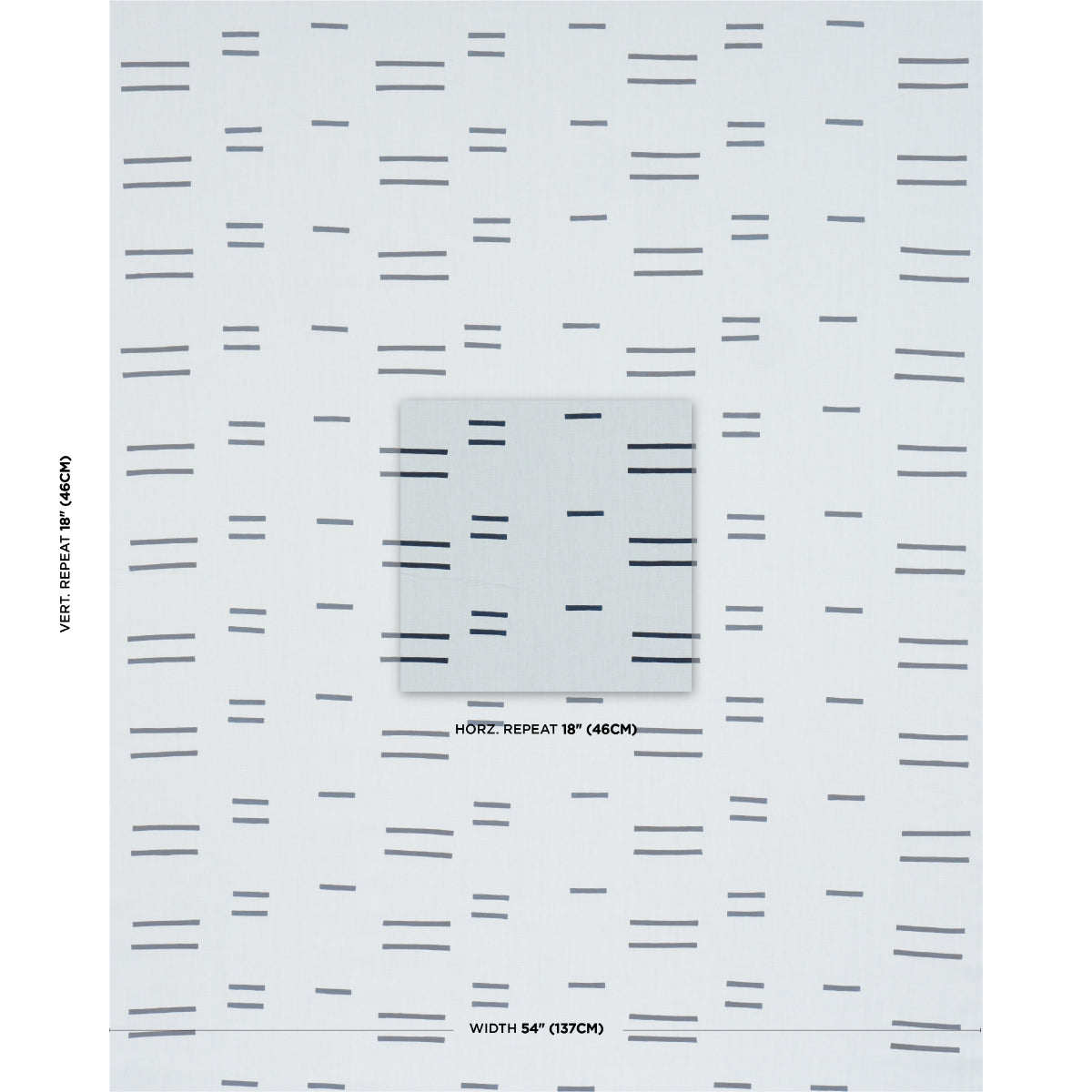 Light gray background with numerous small dark gray horizontal dashes; central inset square with a denser dash pattern—abstract geometric print.