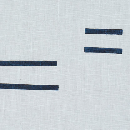 Minimalist navy brush-stroke lines on sky-blue background; abstract geometric textile print