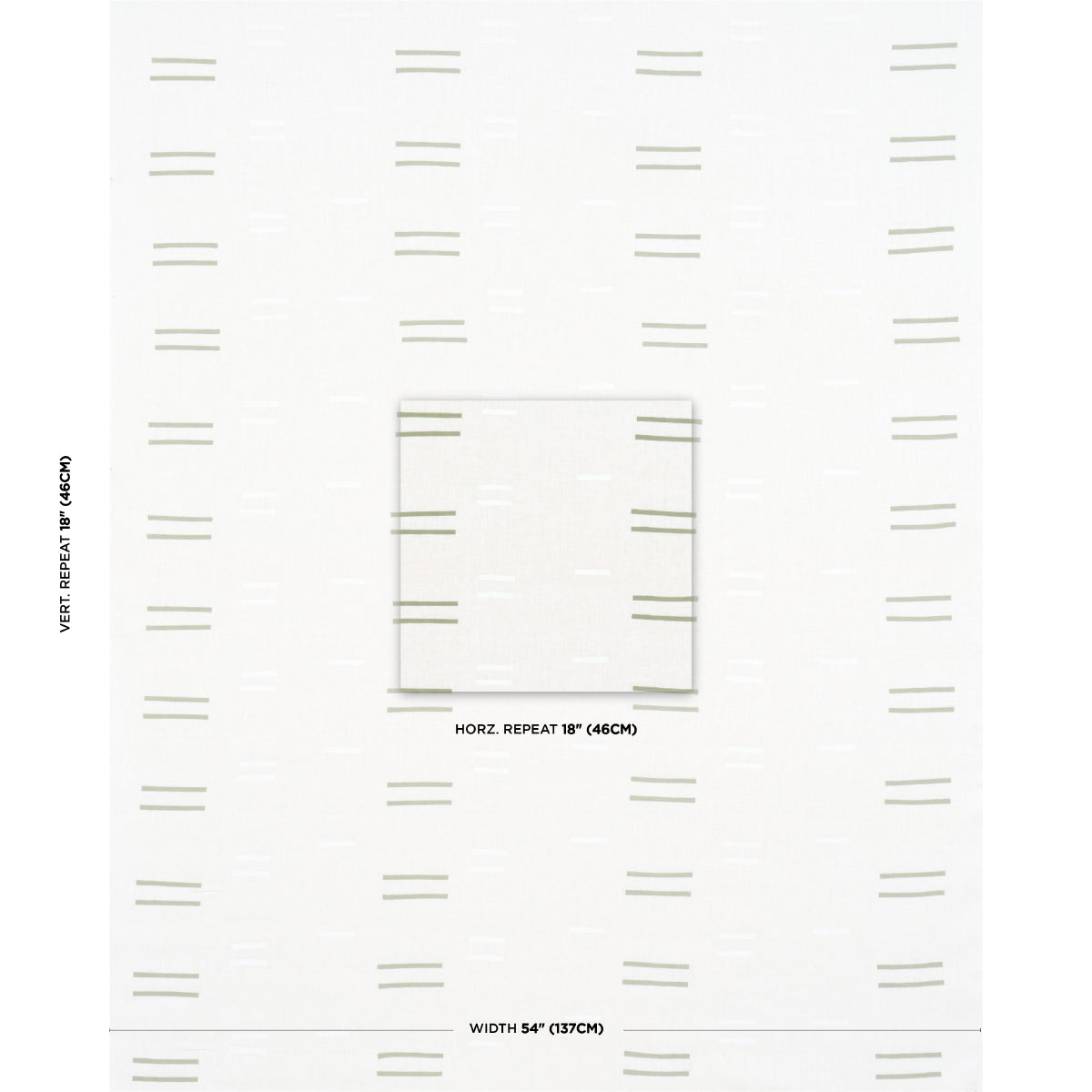 White wallpaper with light gray dash grid and central square inset; horizontal repeat 18 in, width 54 in.