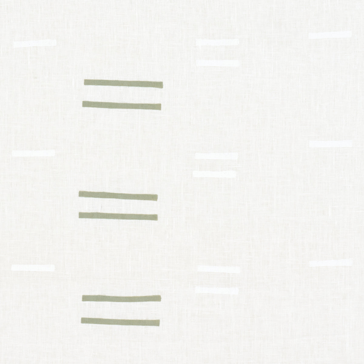 White linen fabric with olive green double-line grass motifs scattered across.