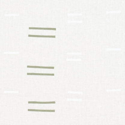 White linen fabric with olive green double-line grass motifs scattered across.