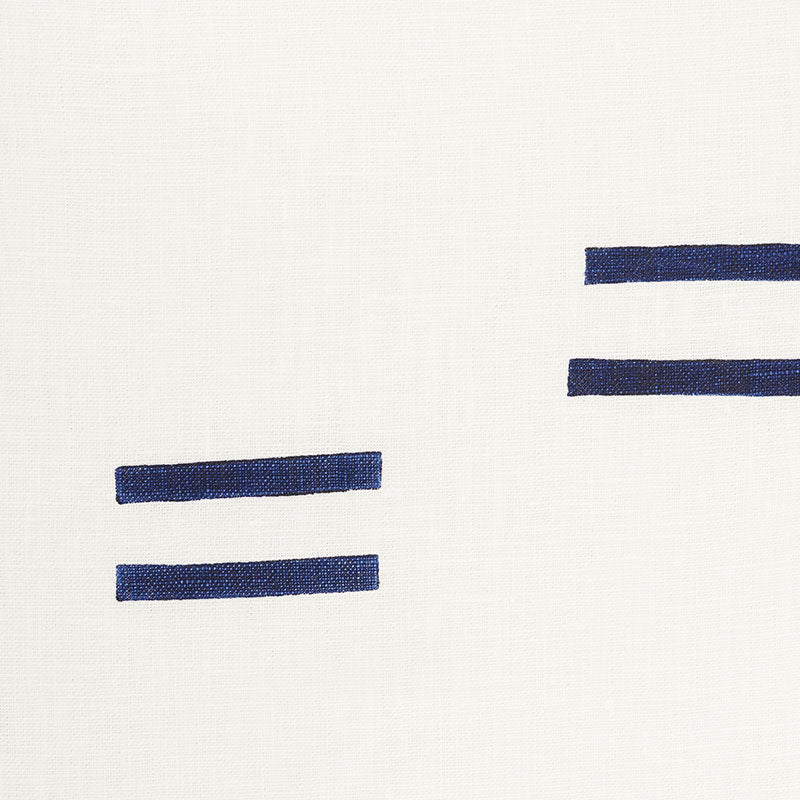 White textile with navy on white; abstract minimalist woven pattern with horizontal brush-stroke lines.