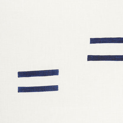 White textile with navy on white; abstract minimalist woven pattern with horizontal brush-stroke lines.