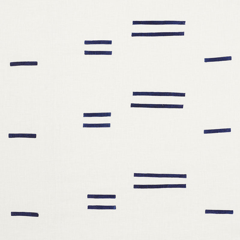 Minimalist woven textile with navy blue dashes on white background, arranged in a loose grid pattern.