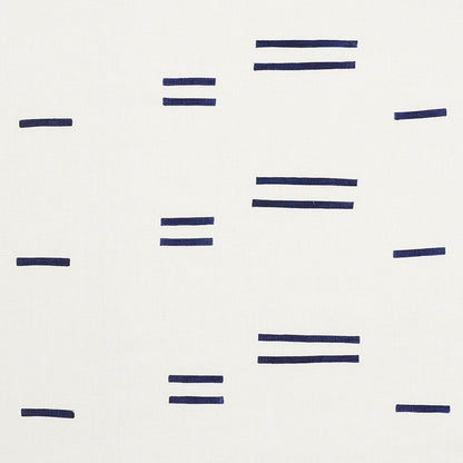 Minimalist woven textile with navy blue dashes on white background, arranged in a loose grid pattern.