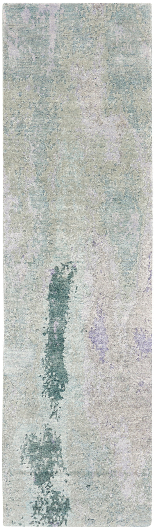 Soft pastel abstract runner rug, long and narrow, with watercolor blues, greens, lilac, and beige tones; distressed texture.