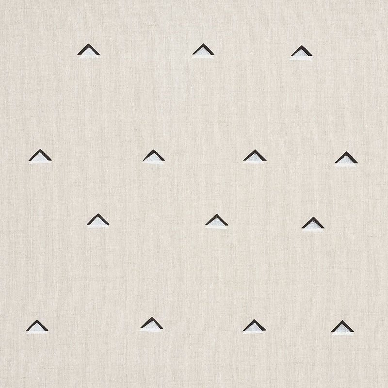 Beige linen-textured fabric with an overlapping white triangles pattern outlined in black.