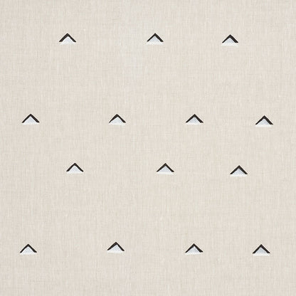 Beige linen-textured fabric with an overlapping white triangles pattern outlined in black.