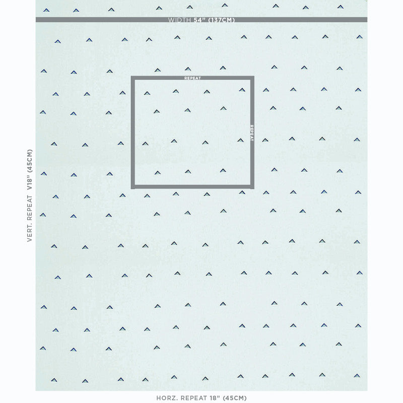 Light blue wallpaper with tiny navy chevrons in a uniform grid; centered darker square frame illustrating the pattern repeat.