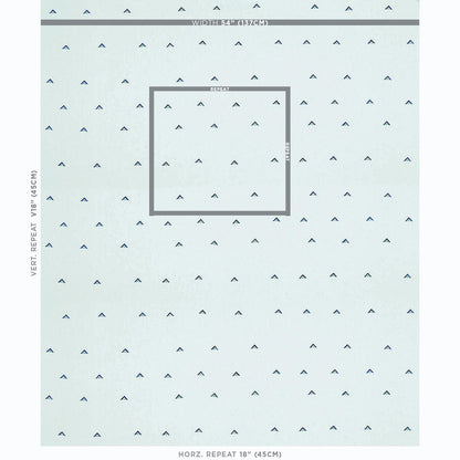 Light blue wallpaper with tiny navy chevrons in a uniform grid; centered darker square frame illustrating the pattern repeat.